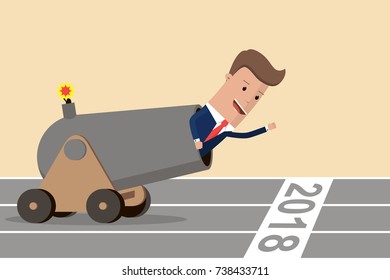 Businessman in cannon  on starting line of the year 2018. Starting career, business concept. Vector illustration