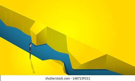 Businessman can't find way form river concept vector illustration impossible business. Background design goal challenge art career company. Change aim difficult mission idea. Hard operation task