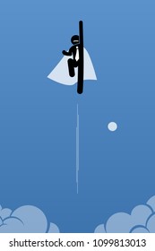 Businessman with cape flying up to the sky. Vector artwork illustration depicts power, breakthrough, quantum leap, and success.