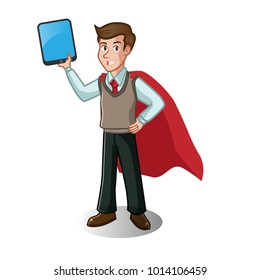 Businessman With Cape Holding A tablet. Vector Illustration