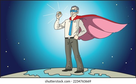 Businessman with cape standing proud on top after great accomplishment. Vector illustration.