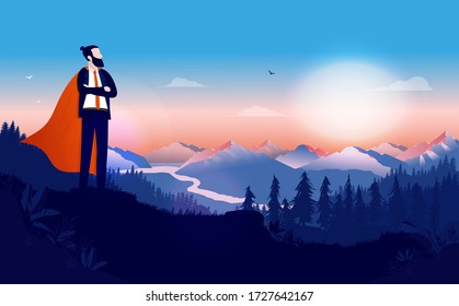 Businessman with cape - Superhero office worker standing on hill watching the landscape at sunrise. Accomplishment, great worker, best in office, and winner concept. Vector illustration.