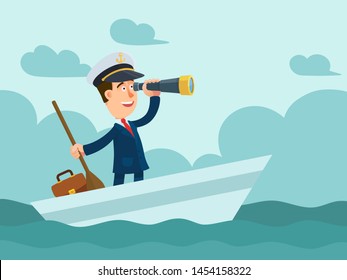 Businessman in a captain cap sail in a boat and looks into the spyglass. Look into the future - concept. Business vector illustration, flat design cartoon style. 