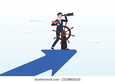 Businessman captain control rudder helm on growth arrow, leadership to lead company direction, vision to see opportunity, skill to overcome challenge or decision to control and drive growth (Vector)