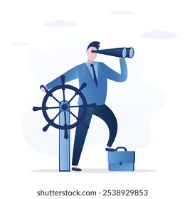 Businessman captain control rudder helm. Leadership to lead company direction, vision to see opportunities and goals. Skill to overcome challenge or decision to control and drive growth. flat vector