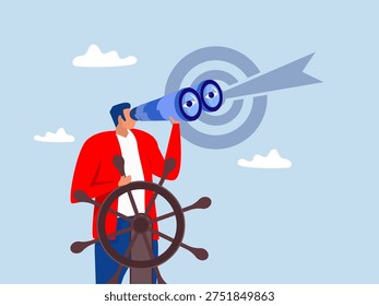 Businessman captain at steering wheel helm with telescope.leadership and visionary to lead company success, career direction or work achievement concept Vector illustration