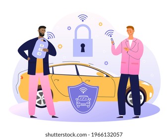 Businessman with car remote key and shield at car with padlock. Car alarm system, anti-theft system, vehicle thefts statistics. Flat abstract metaphor cartoon vector illustration concept design.