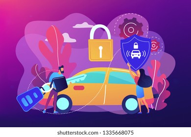 Businessman with car remote key and woman with shield at car with padlock. Car alarm system, anti-theft system, vehicle thefts statistics concept. Bright vibrant violet vector isolated illustration