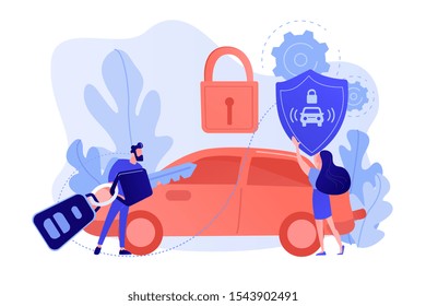 Businessman with car remote key and woman with shield at car with padlock. Car alarm system, anti-theft system, vehicle thefts statistics concept. Pinkish coral bluevector isolated illustration