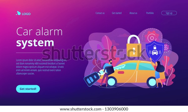 Businessman with car remote key and woman with\
shield at car with padlock. Car alarm system, anti-theft system,\
vehicle thefts statistics concept. Website vibrant violet landing\
web page template.