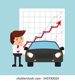 businessman and car vehicle and red up arrow direction over blue background. colorful design. vector illustration
