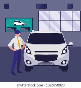 businessman with car in the workshop