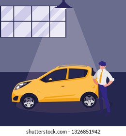 businessman with car in the workshop