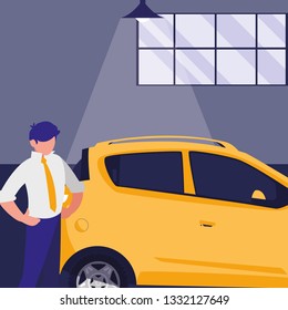businessman with car in the workshop