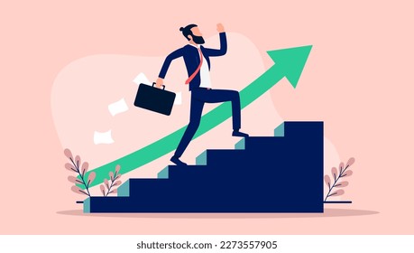 Businessman career climb - Man running up stairs to success with green arrow. Business growth concept. Flat design vector illustration