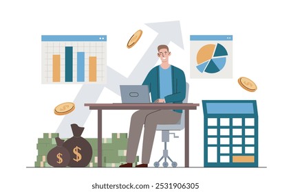 Businessman with career growth. Young guy with laptop sits near graphs and diagrams, calculator. Business strategy and performance. Hardworking businessman or entrepreneur. Flat vector illustration