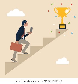 Businessman career ladder and gold prize on top business concept men with briefcases and laptop go up to boss position success award or reward stairs entrepreneurship competition or work challenge