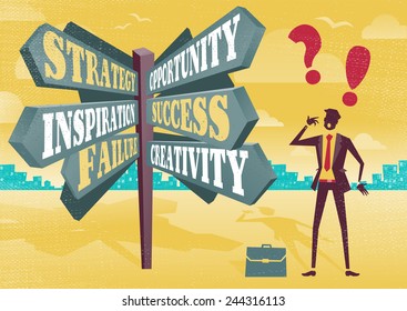 Businessman at Career Sign Post Dilemma.  Great illustration of Retro styled Businessman with a selection of Business related options and choices to make. All recruitment Agencies need one of these!