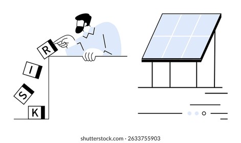 Businessman carefully balancing blocks spelling RISK near a ledge adjacent to a solar panel. Themes include sustainability, decision making, clean energy, safety, management, strategy