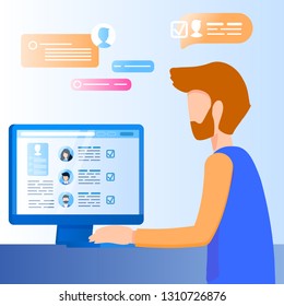 Businessman Carefully Look at Computer Screen. Male Character Office Work. Man with Beard Staring at Monitor and Analyze Data. Social Media on Laptop. Flat Cartoon Vector Illustration