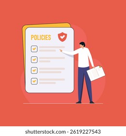A businessman carefully reviewing paperwork, ensuring compliance with procedures, policies, and regulations