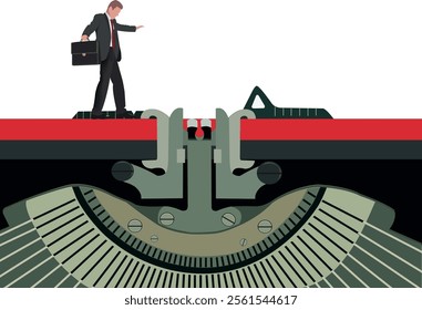 Businessman carefully walking on typewriter ribbon showing copywriting concept