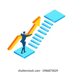 Businessman caring up arrow, as symbol of growth and success. Isometric 3D business environment. Business management infographic. Isometric working space