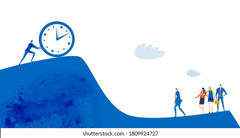 Businessman caring clock on top of the mountain. New start up, solving the problems, generating ideas and support. Business concept illustration