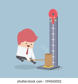 Businessman At A Carnival Hitting A Strength Tester With A Hammer, VECTOR, EPS10