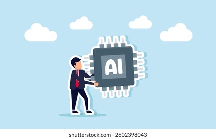 A businessman carries an AI processor chip, illustration of AI technology usage in business operations