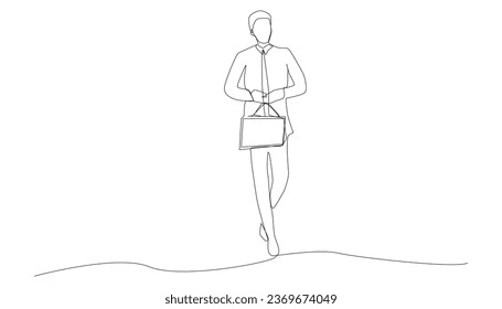 A businessman carries a bag and wears a suit, looking elegant and dignified. One line art style on a white background.