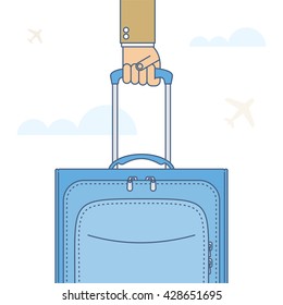 Businessman carries a baggage. Flat line isolated illustration of hand holding a traveling bag by the handle. Man going to business trip, tour. Vector travel infographic element for web, presentation.
