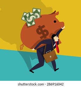 Businessman carries a big piggy bank full of cash, conceptual corporate graphic