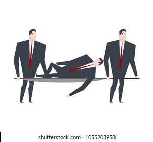 Businessman carries boss on stretcher. office life vector illustration.