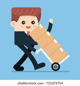 Businessman carries boxes on handcart. Business and finance concept. Vector, illustration, flat