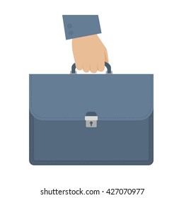 Businessman carries a briefcase by the handle. Flat isolated on white background illustration of hand holding a case. Luggage suitcase and male hand. Vector infographic element for web, presentation.