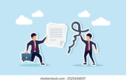A businessman carries a contract while another carries a signature to combine, illustration of a cooperation agreement between business partners
