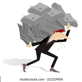 Businessman carries a lot of documents on his back
