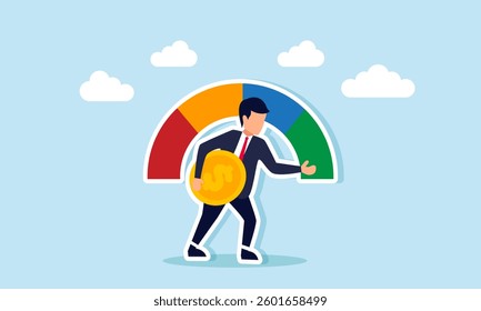 A businessman carries a dollar coin and points at the green indicator on a speedometer, illustration of financial stability in a company in good condition