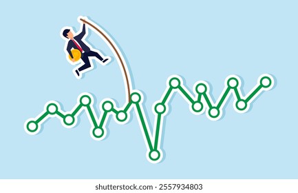 A businessman carries a dollar coin trying to jump over a green graph with a long wooden stick, illustration of efforts to improve business financial performance