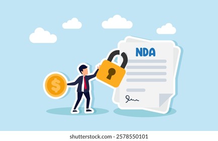 A businessman carries a dollar coin while holding a padlock securing an NDA paper, illustration of capital that must be paid to obtain a confidential document