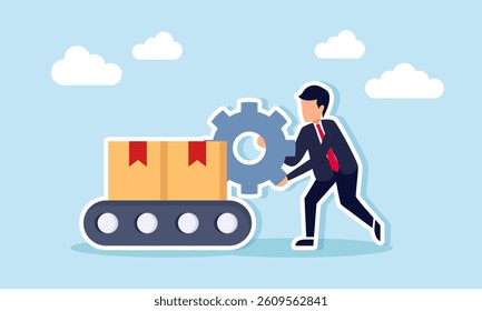 A businessman carries a gear toward a package distribution machine, illustration of maintenance system in logistics business