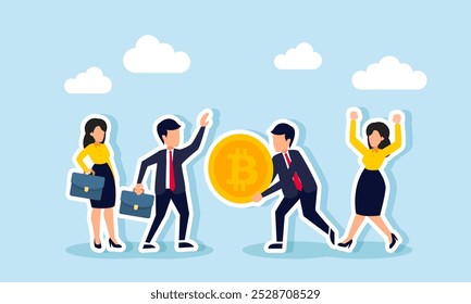 A businessman carries a giant bitcoin, celebrated by his business partner, illustrating appreciation for a partner's success in increasing bitcoin assets  
