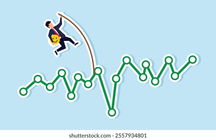 A businessman carries a happy emoticon trying to jump over a green graph with a long wooden stick, illustration of efforts to increase business market engagement