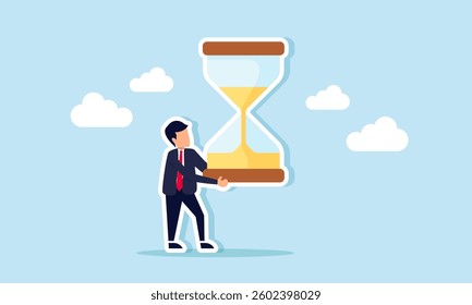 A businessman carries an hourglass, illustration of observing time management in business project execution
