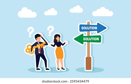 A businessman carries a key while a businesswoman looks confused at a signpost that says SOLUTION, illustration of confusion in finding the right solution for business