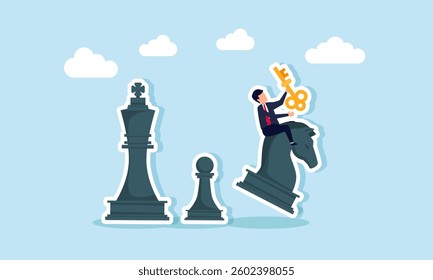 Businessman carries a key while riding a chess knight to move, illustration of movement in solving business problems