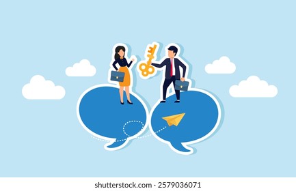 A businessman carries a lamp, and another businessman gives appreciation with a thumbs-up, both standing on a text dialog, illustration of sharing business problem-solving