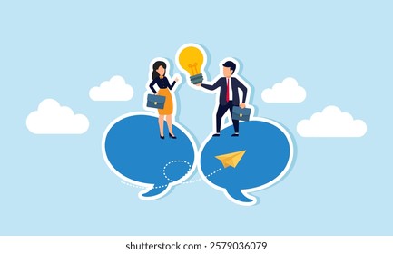 A businessman carries a lamp, and another businessman gives appreciation with a thumbs-up, both standing on a text dialog, illustration of sharing business ideas