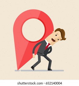 Businessman carries a large map pointer. Change place of Business location. New office location. Vector, illustration, flat